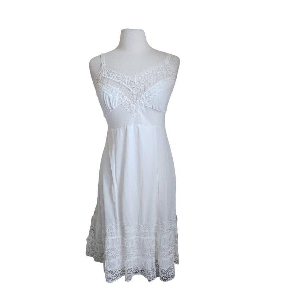 Vtg USA Made Nylon Full Slip Lingerie Dress Lace White Size Small‎ Nightie Sissy